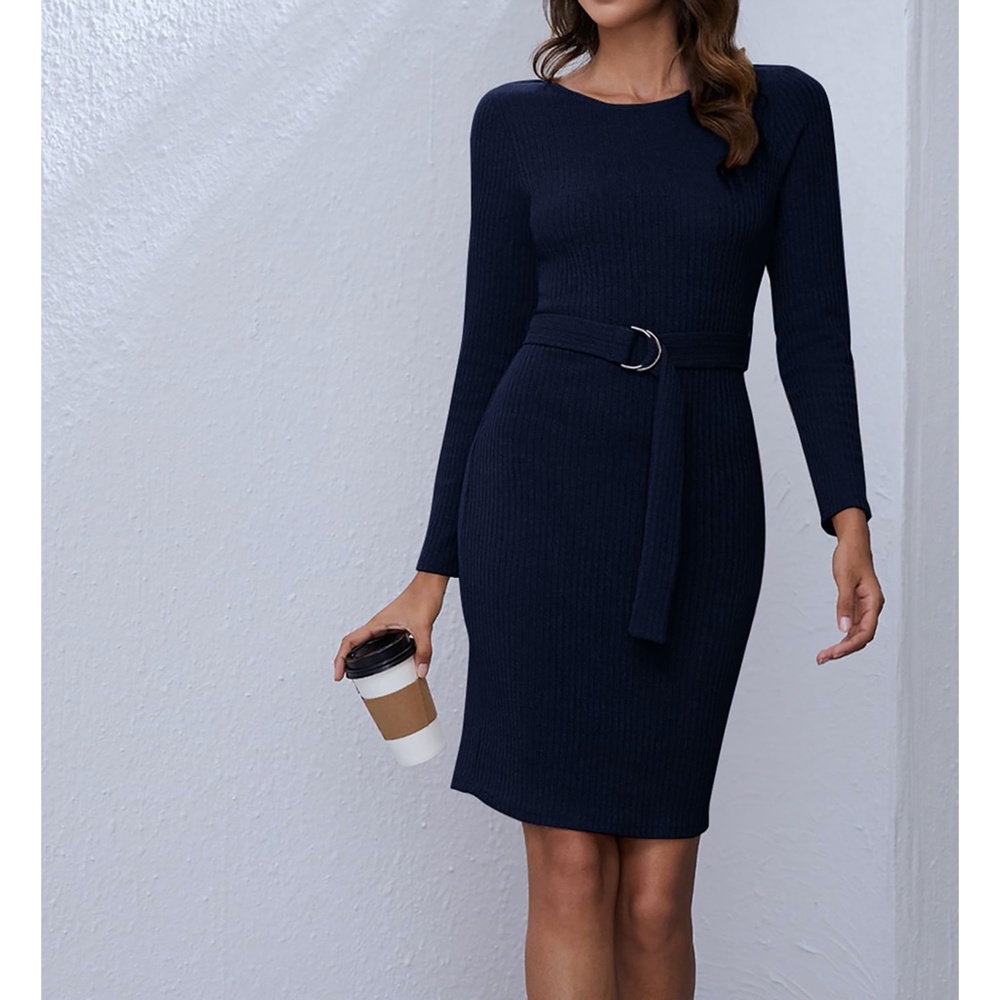 Ribbed Long Sleeve Ribbed Knit Dress with Belt Blue